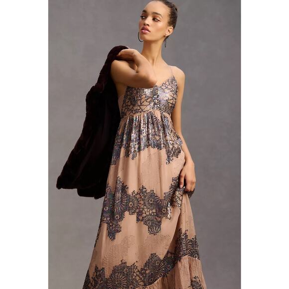 Anthropologie Let Me Be Deep-V Sequined Maxi Dress Size Medium Glam Coquette - Picture 3 of 11